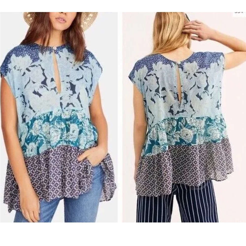 Free People Multicolor Blue Patchwork Floral Tiered Tunic